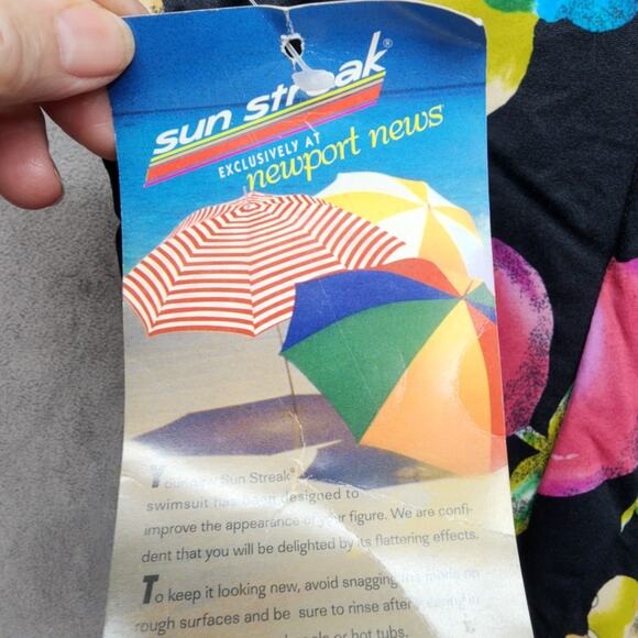 NWT Sun Streak Newport News One Piece Swimsuit 16 Black Floral Wrap Top High - Picture 6 of 10